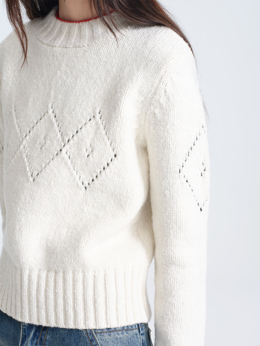 Hughum White Diamond-Pattern Crochet Sweater