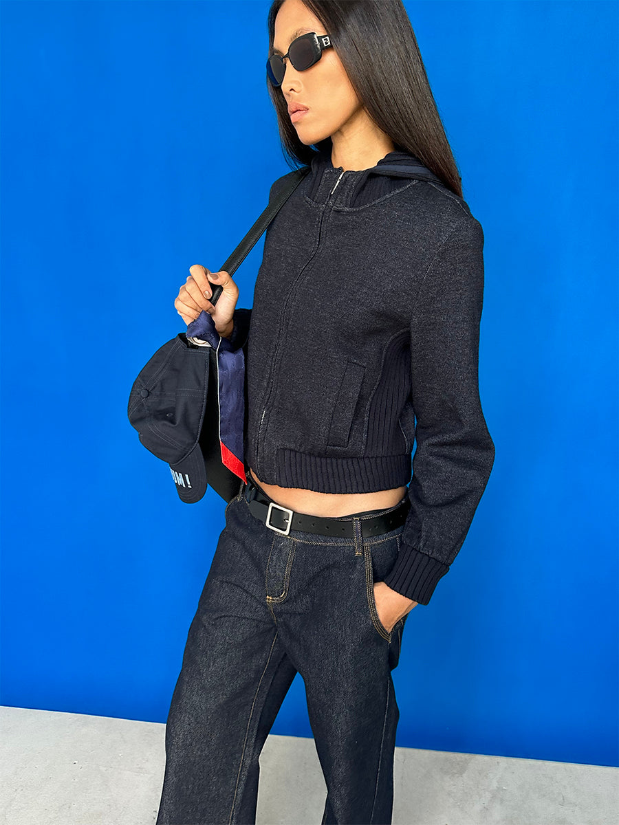 Hughum Navy blue knitted panel threaded sweatshirt jacket