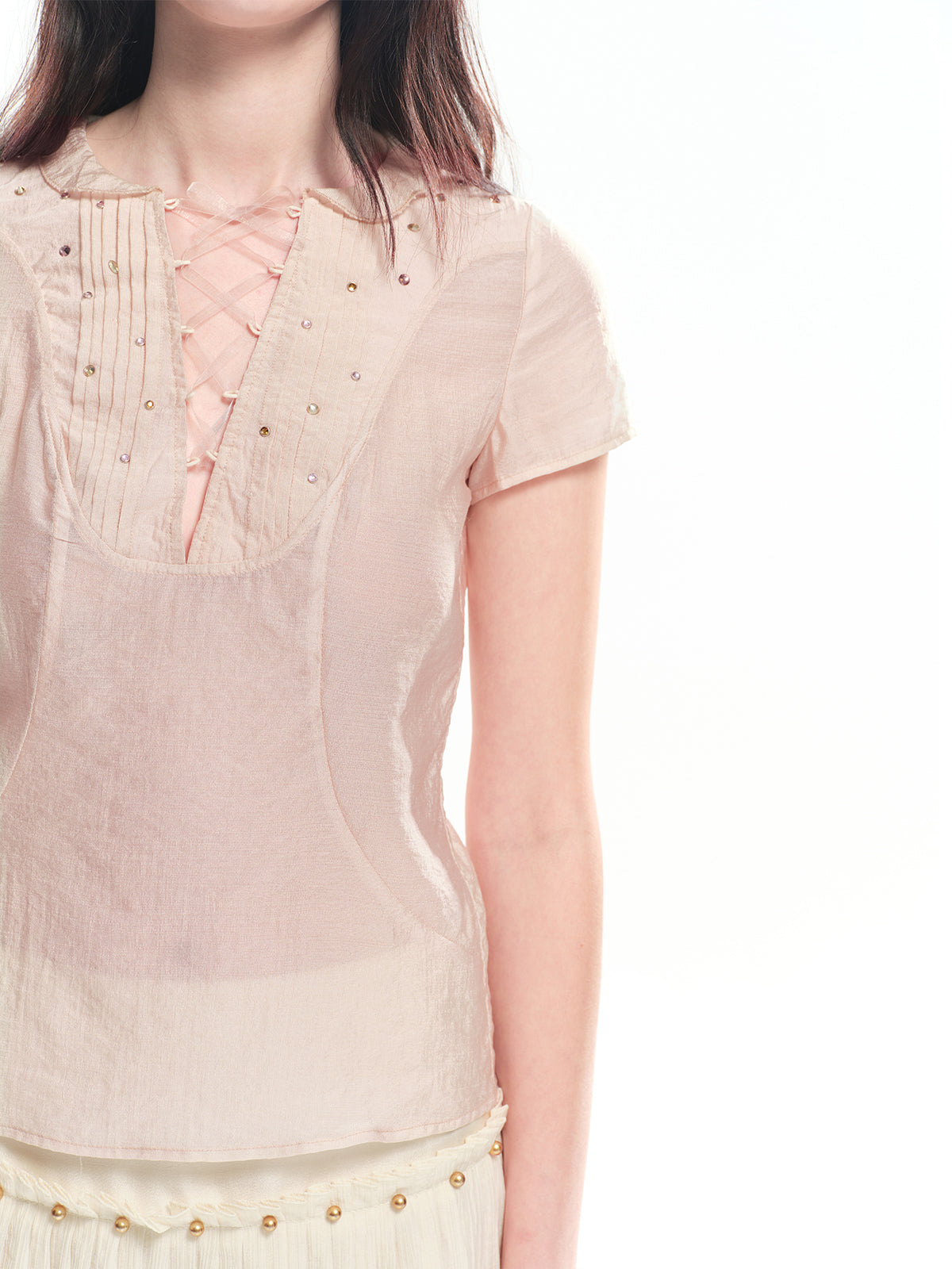 Dotyears Pink shiny cotton-like top with hot-fix rhinestones and tie-up design