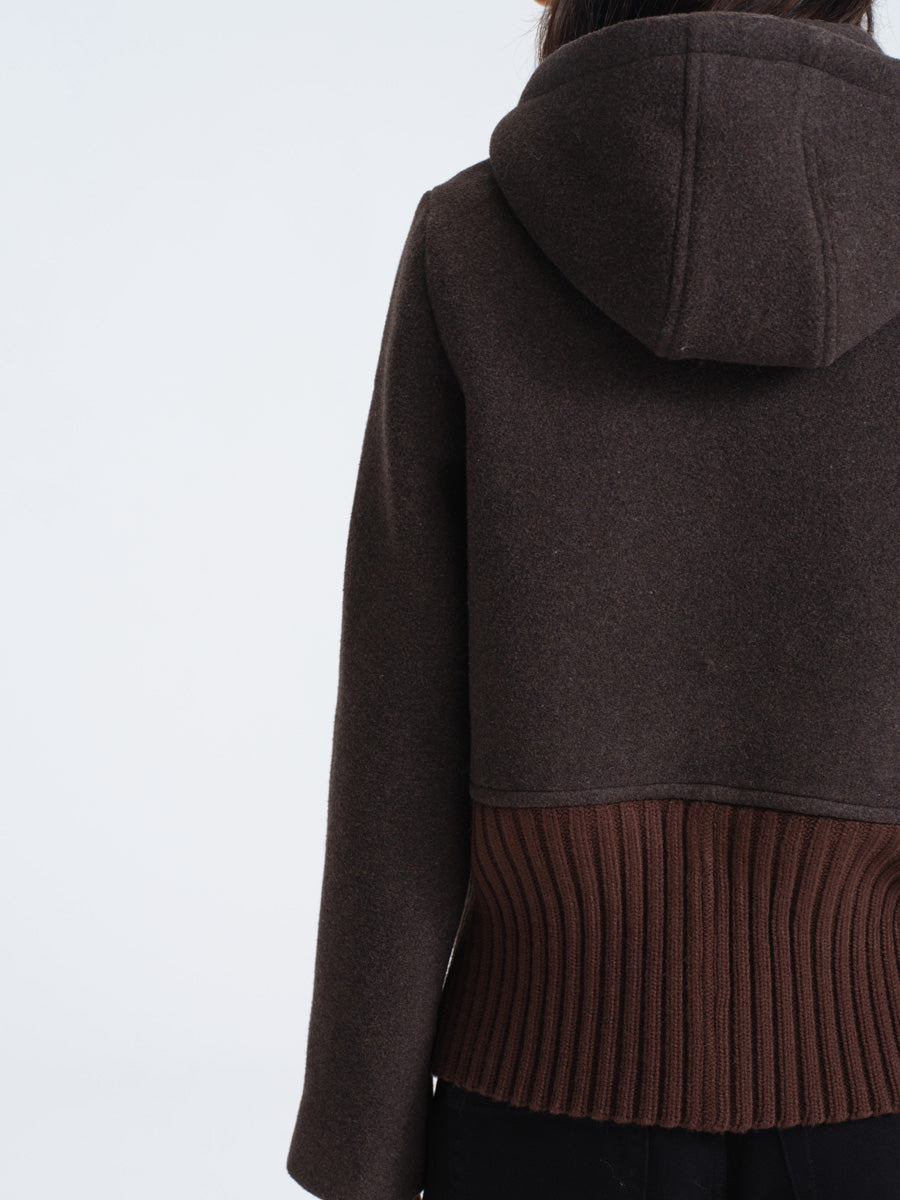 HUGHUM Brown Wool Blend Coat with Ribbed Trim