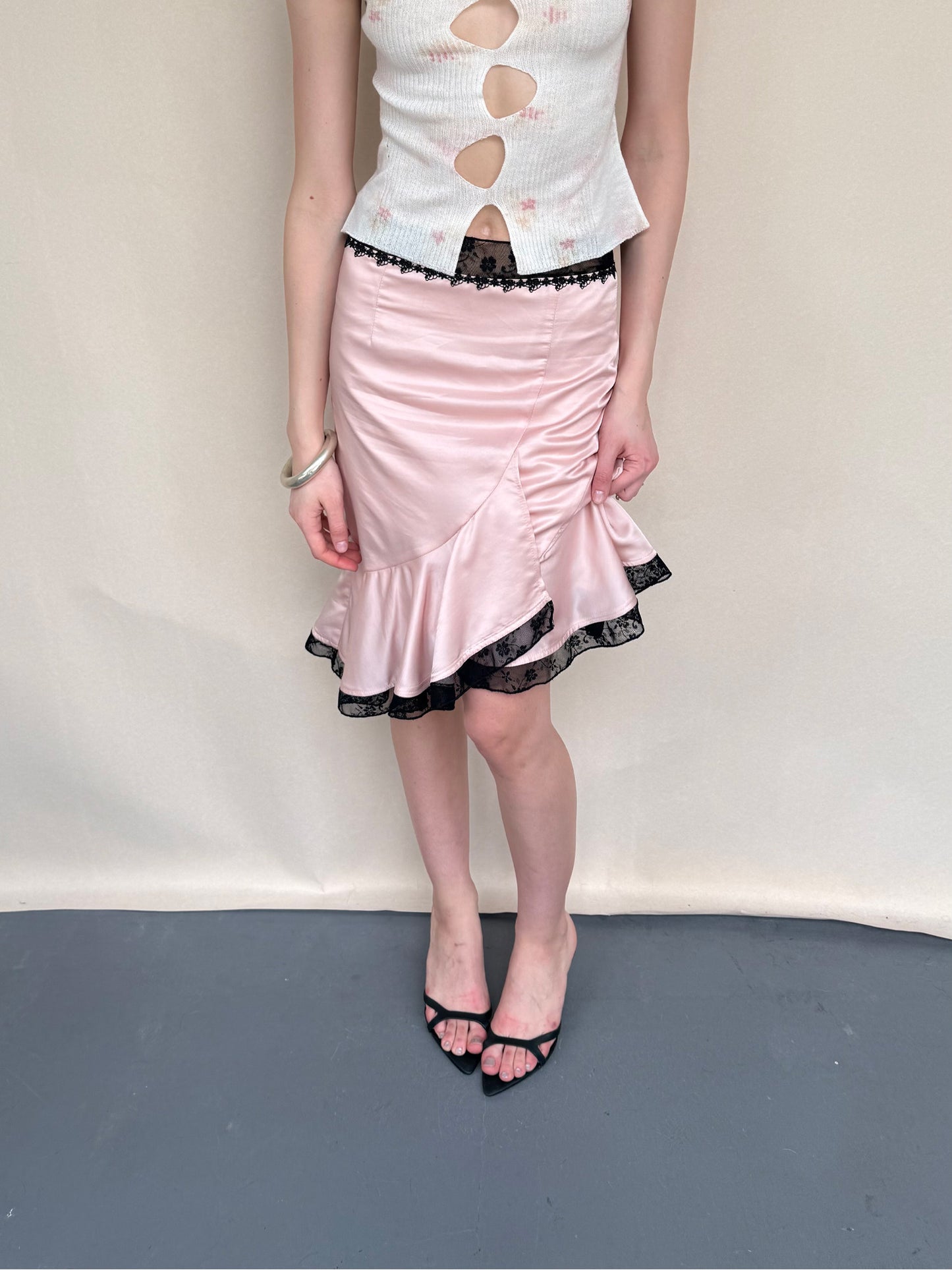 Dotyears Pink Satin Contrast Lace Spliced Midi Skirt