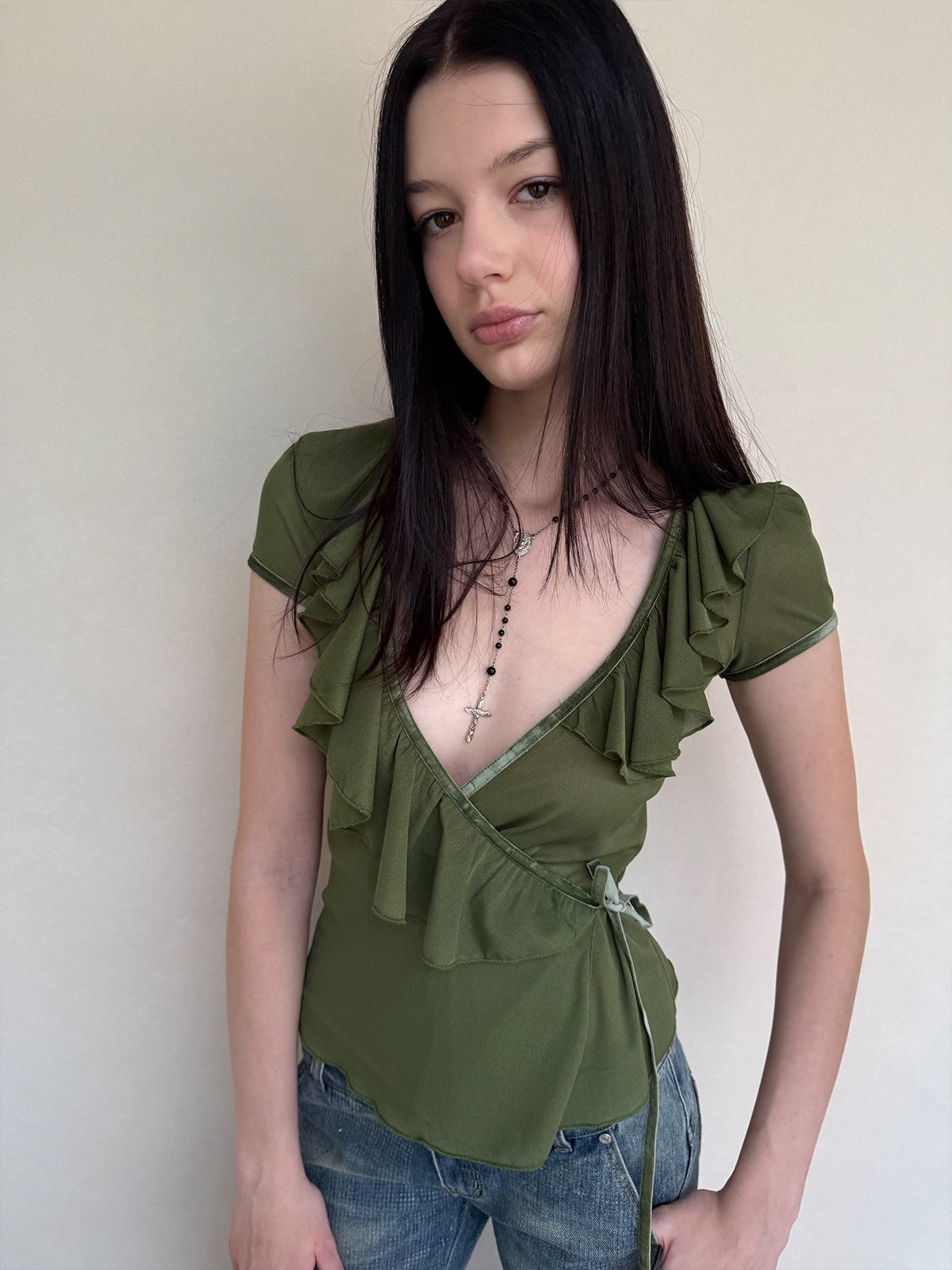 Dotyears Deep V-neck Ruffled Lace-up Acetic Acid Cardigan