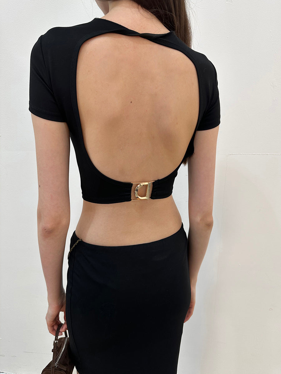 Dotyears Open back custom D-button knot black and white suit