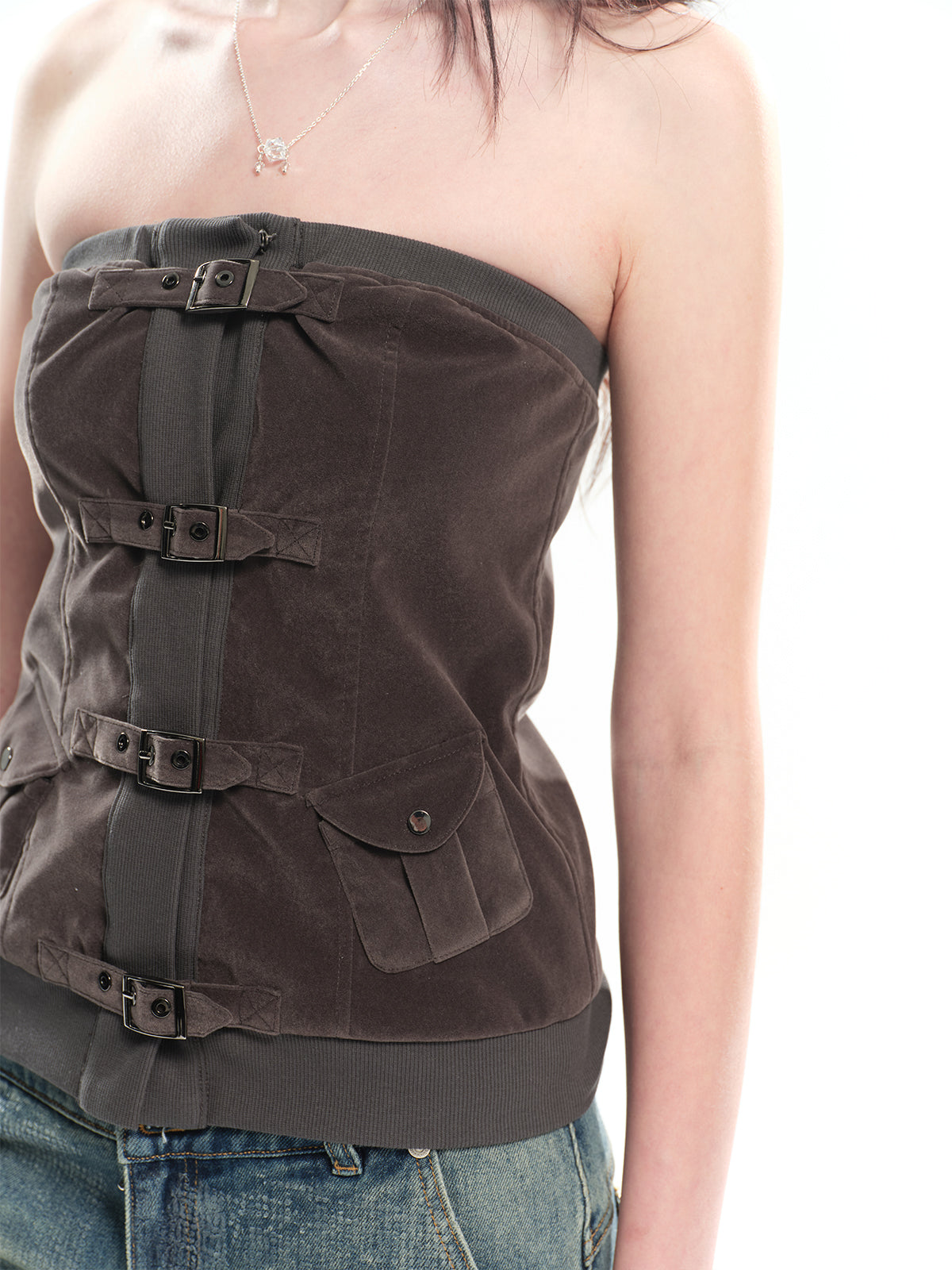 Dotyears Grey velvet camisole top with adjustable metal square buckle