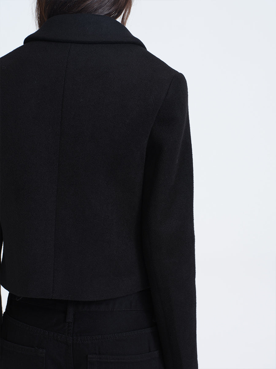HUGHUM Black Double-Breasted Wool Coat