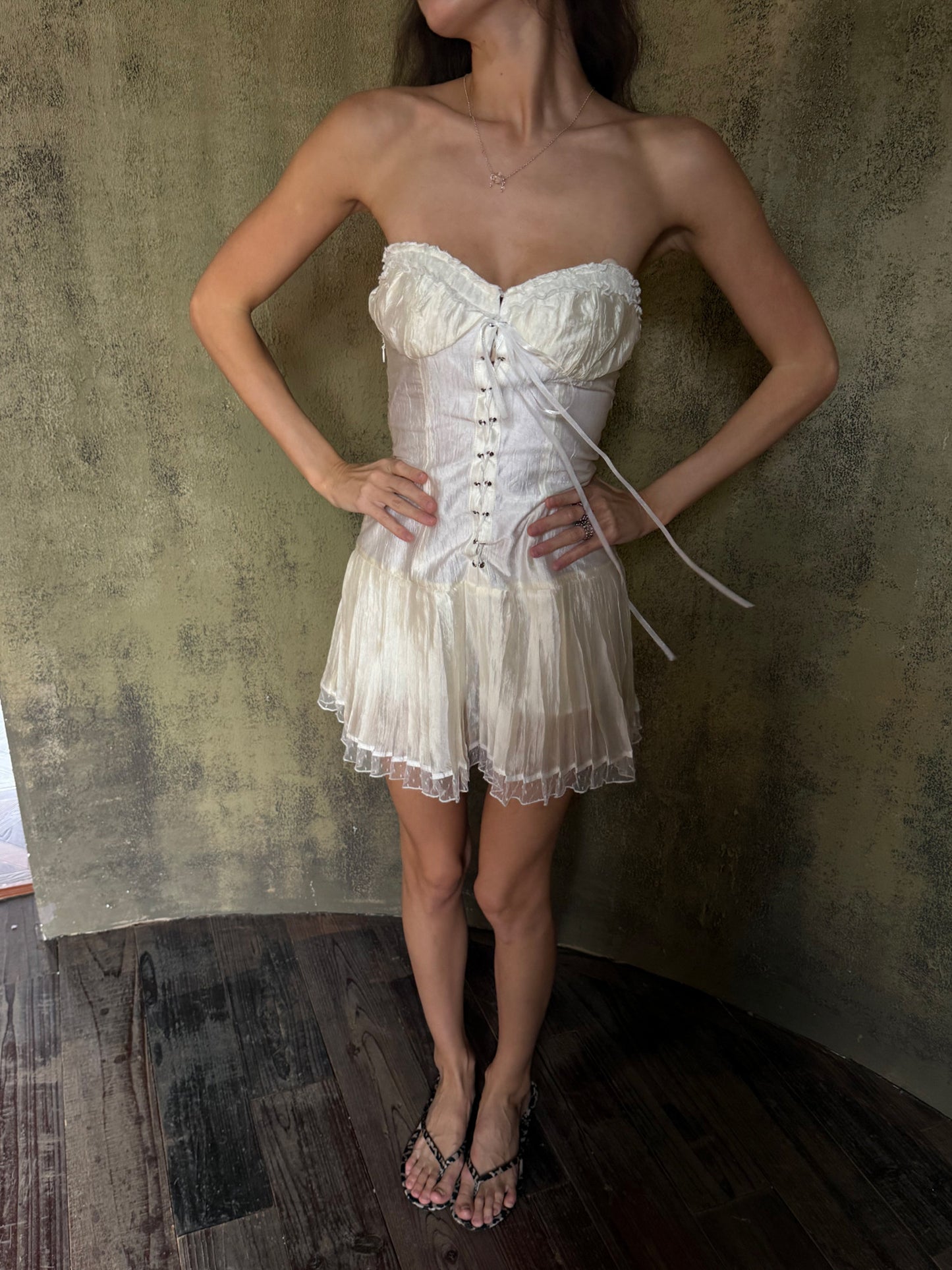 Dotyears White Acetate Lace Panel Tie Strapless Dress