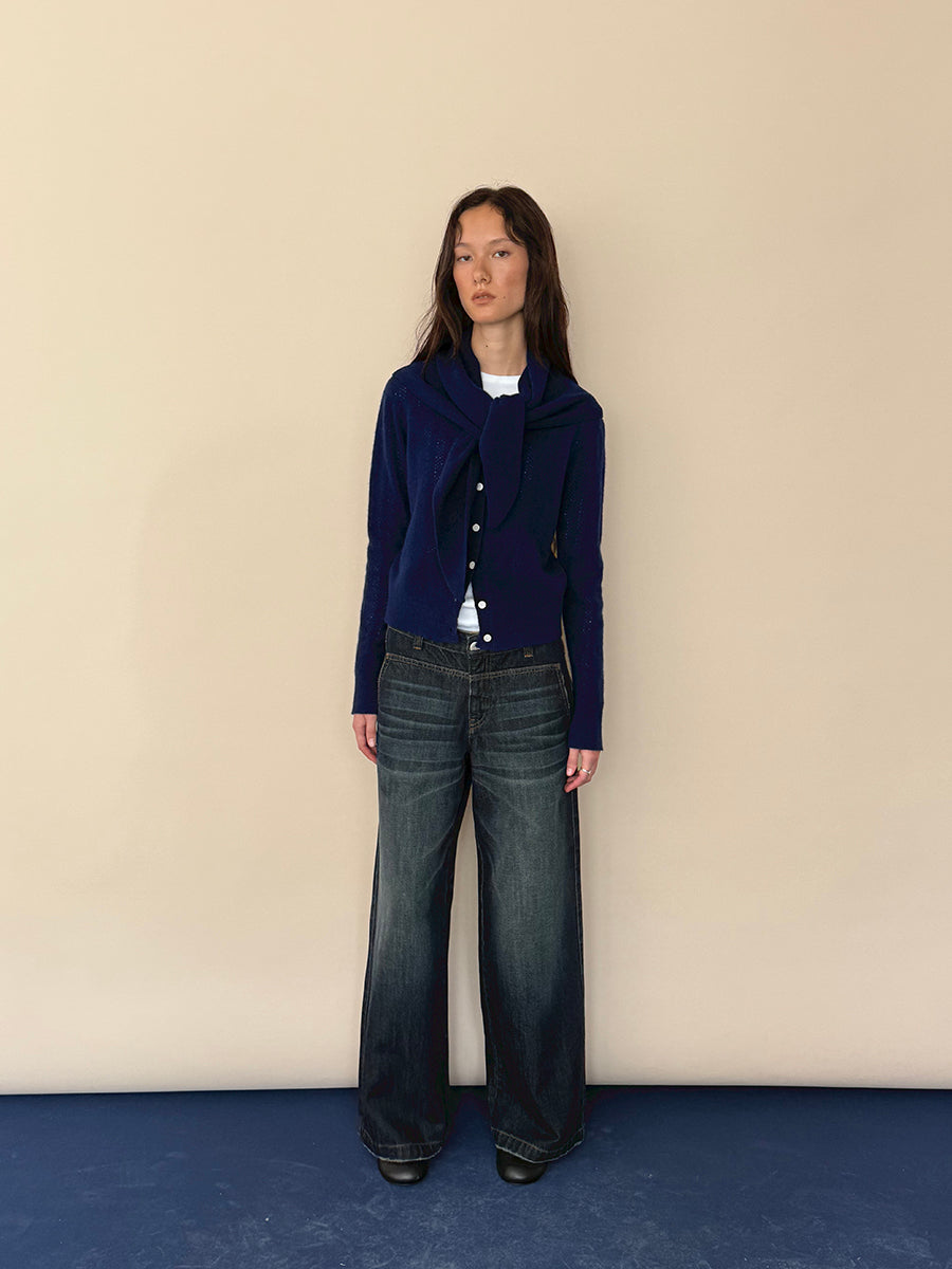 Hughum Navy Blue Openwork Wool Cardigan