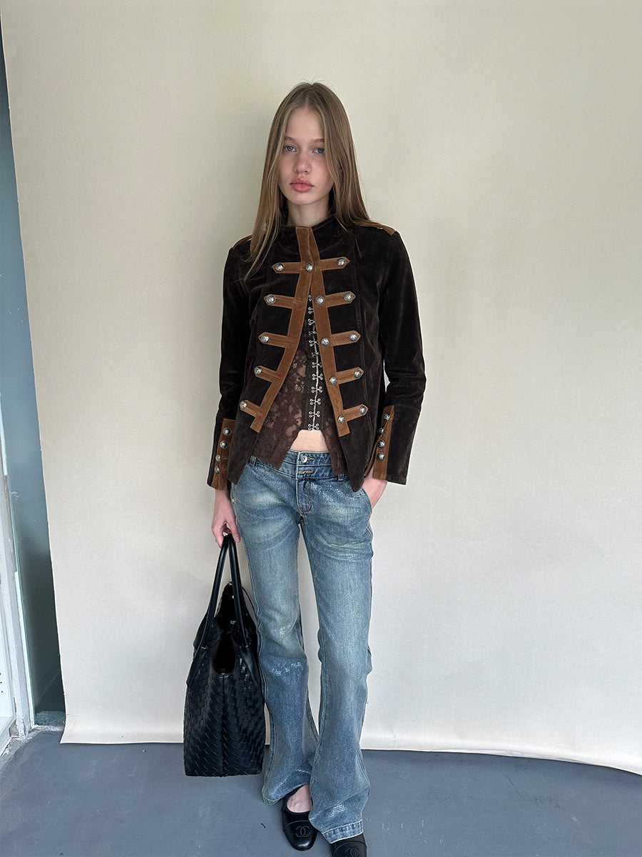 Dotyears Brown Color-Block Velvet Jacket