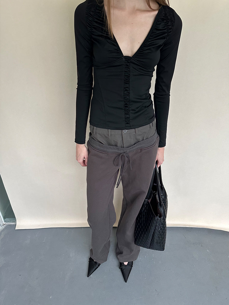 Dotyears Ruffled Plunging Neckline Top in Black & Purple