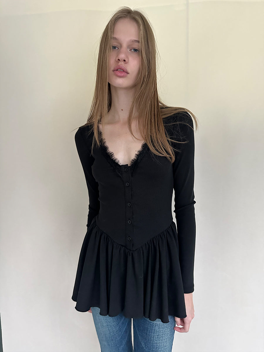 Dotyears Long Black Layering Top with Lace Panels