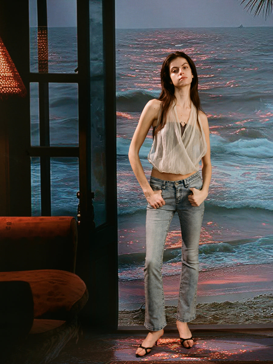 Dotyears Embroidered beaded yarn bandeau fake two-piece top