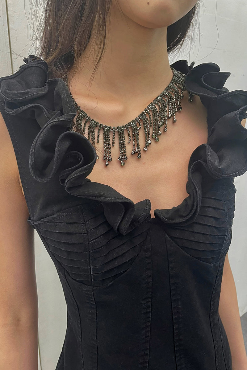 Dotyears24ss Commuter Series Black Ruffle Lace V-Neck Commuter Straight Denim Wash Dress