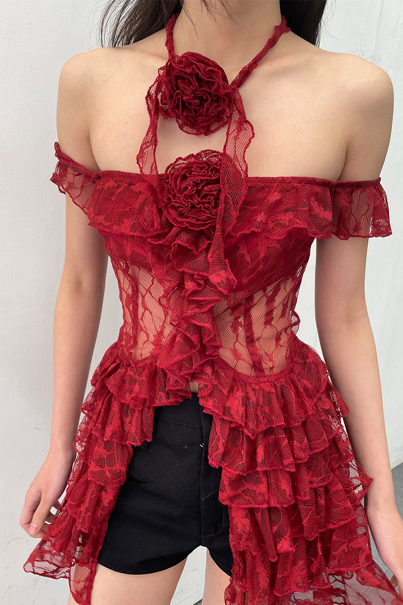 Dotyears24ss One-shouldered, two-tone black and red lace lace cardigan, midi top with lace tie