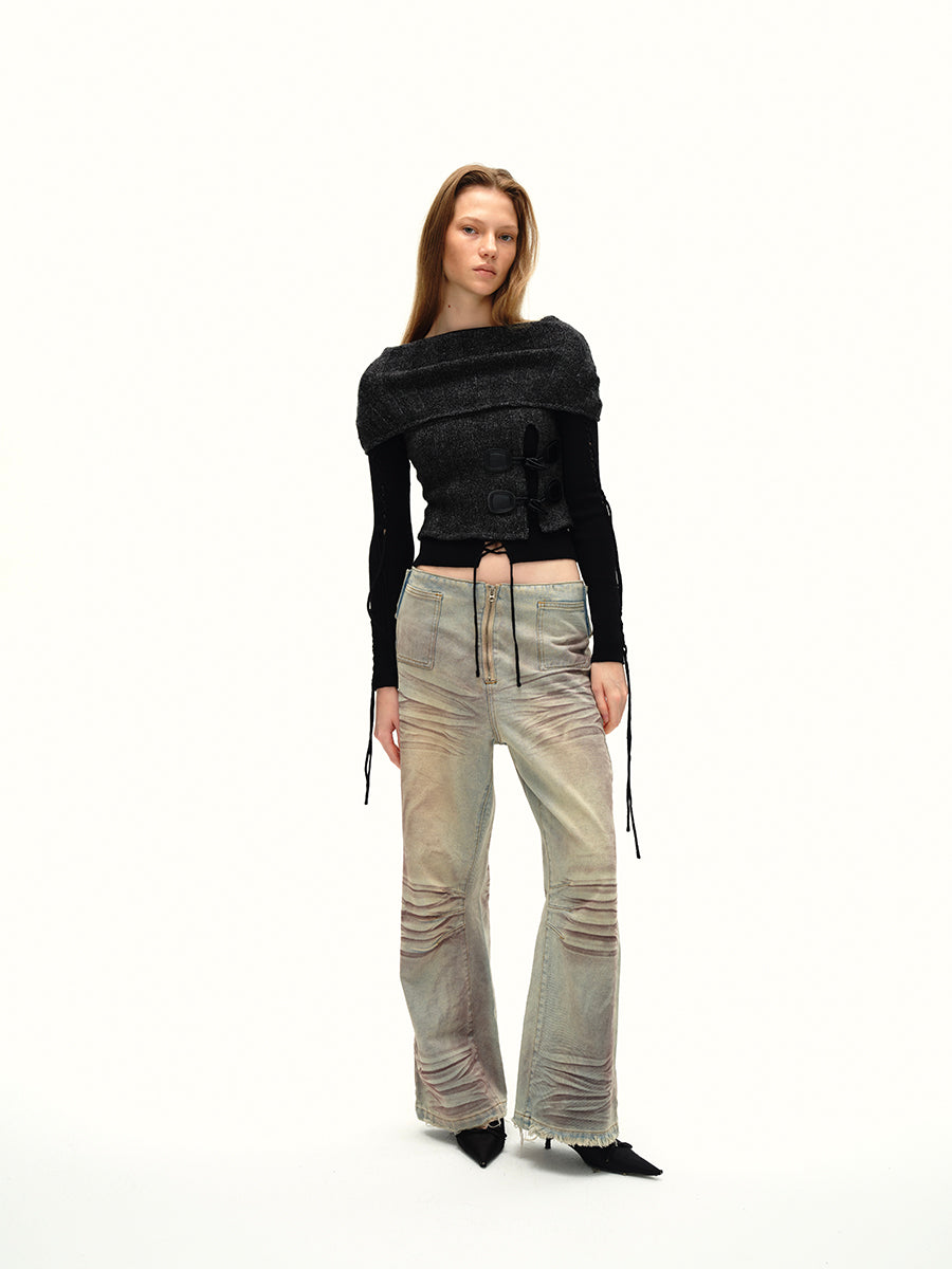 Dotyears24AW Niche original design retro distressed purple gray wide-leg strappy jeans