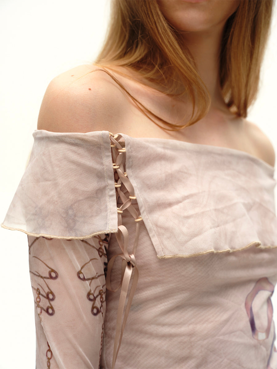 Dotyears24AW Niche design hand-painted original mesh print one-shoulder top