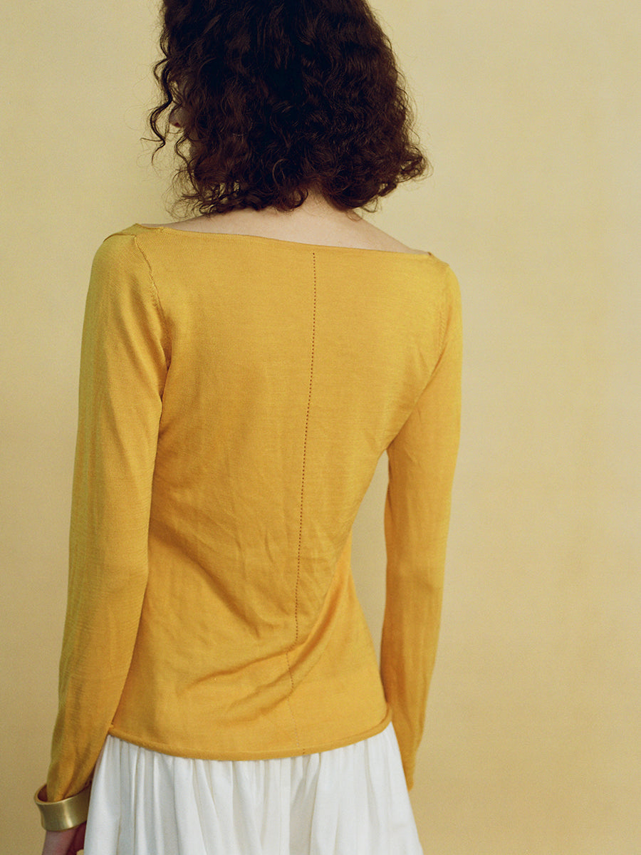 Hughum V-neck Tencel knit cut-out yellow black long sleeves