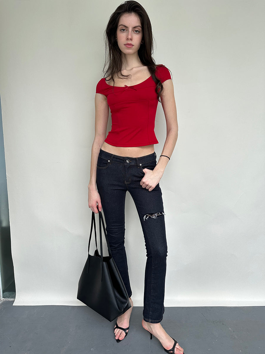 Dotyears Two-tone herringbone scoop neck basic fit slim fit T-shirt