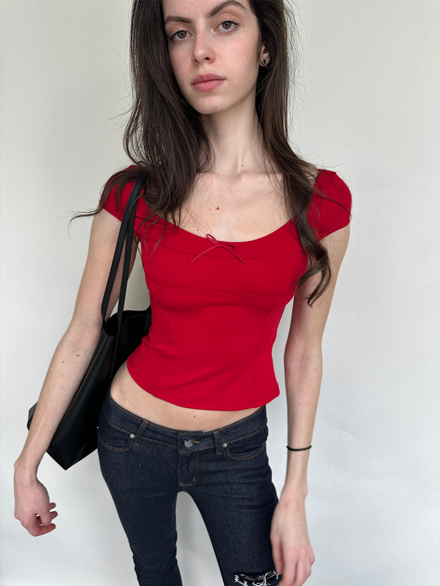 Dotyears Two-tone herringbone scoop neck basic fit slim fit T-shirt