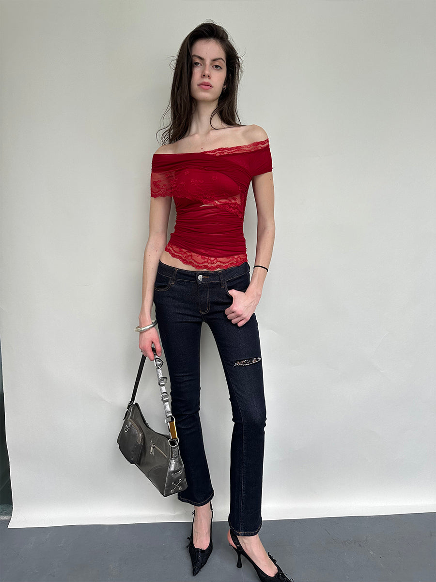 Dotyears Two-tone mesh and lace panelled crossover top