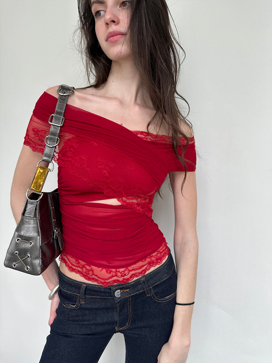 Dotyears Two-tone mesh and lace panelled crossover top