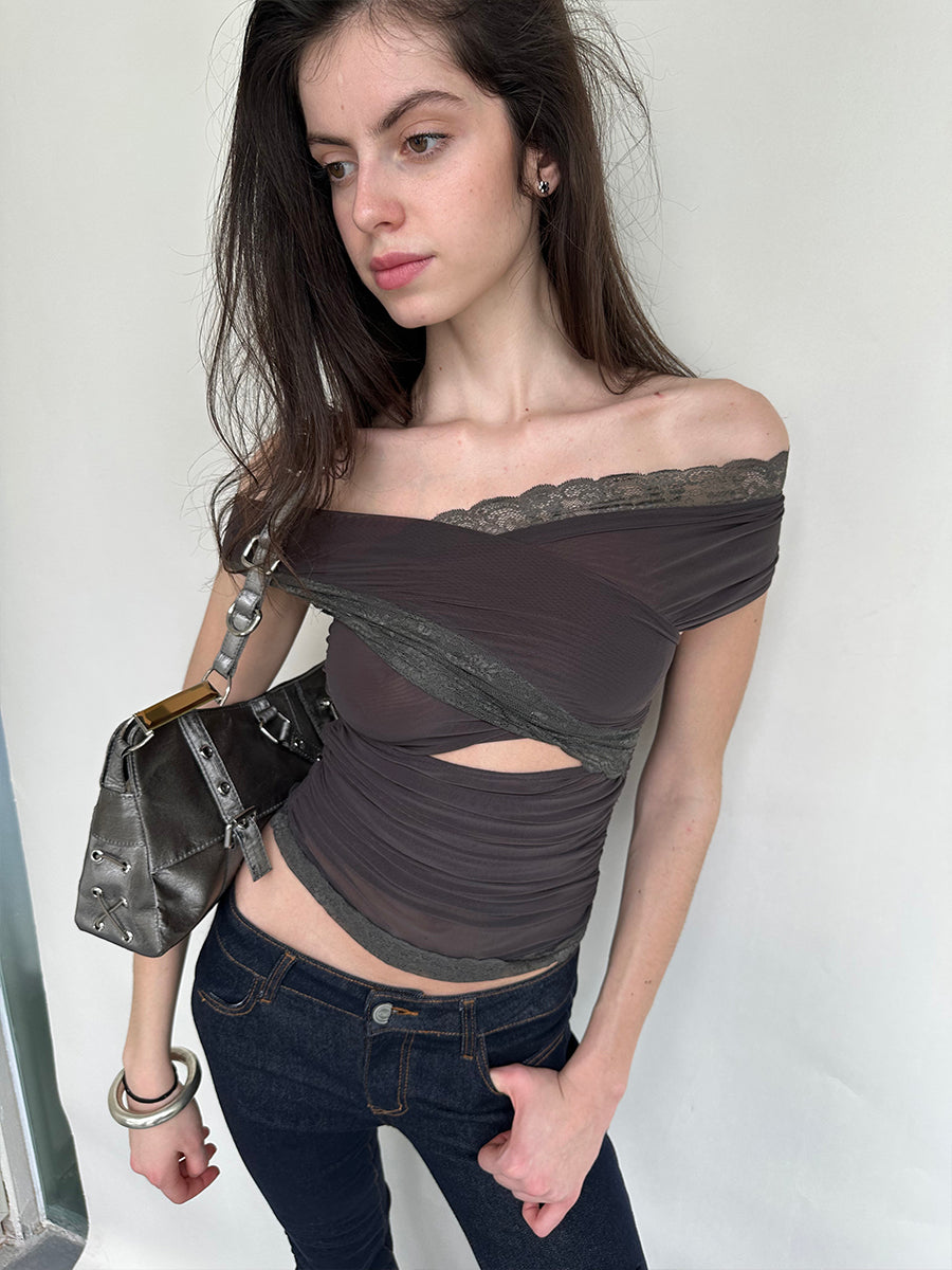 Dotyears Two-tone mesh and lace panelled crossover top