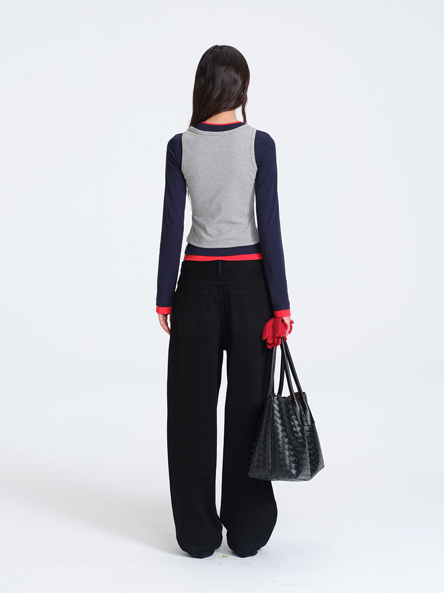 HUGHUM Red and Blue Color-Block Knit T-Shirt