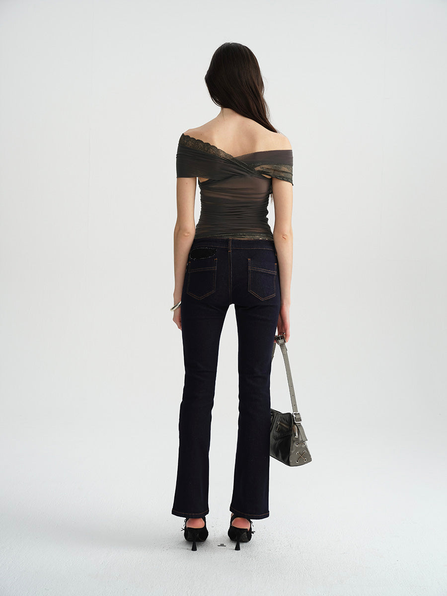 Dotyears Two-tone mesh and lace panelled crossover top