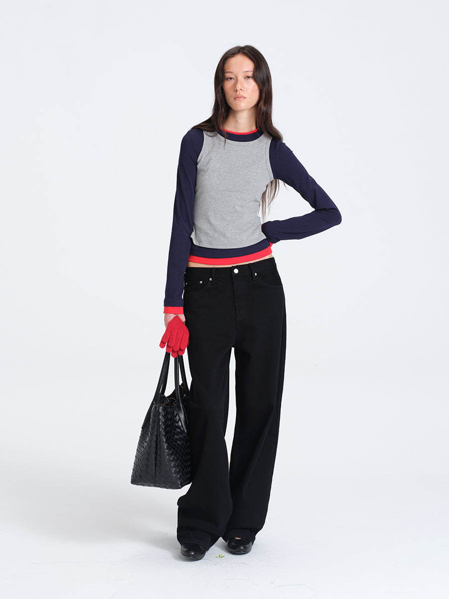 HUGHUM Red and Blue Color-Block Knit T-Shirt