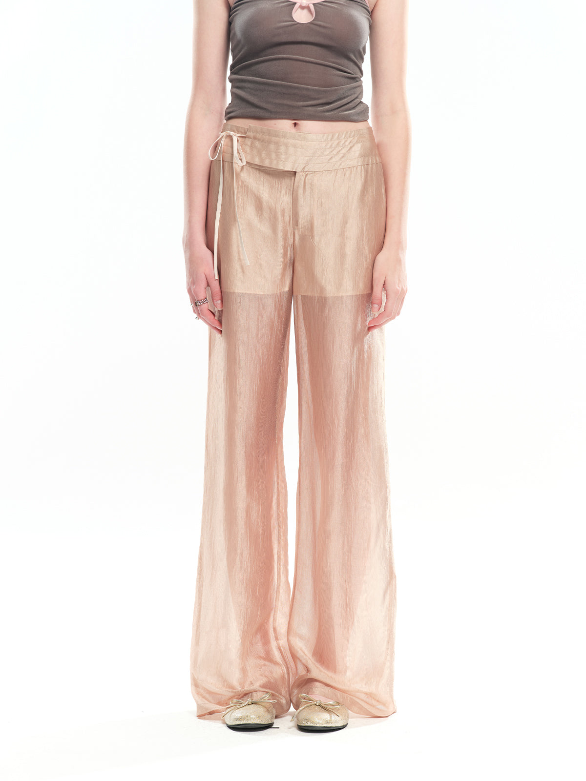 Dotyears champagne gold acetate sheer fabric straight-leg pants