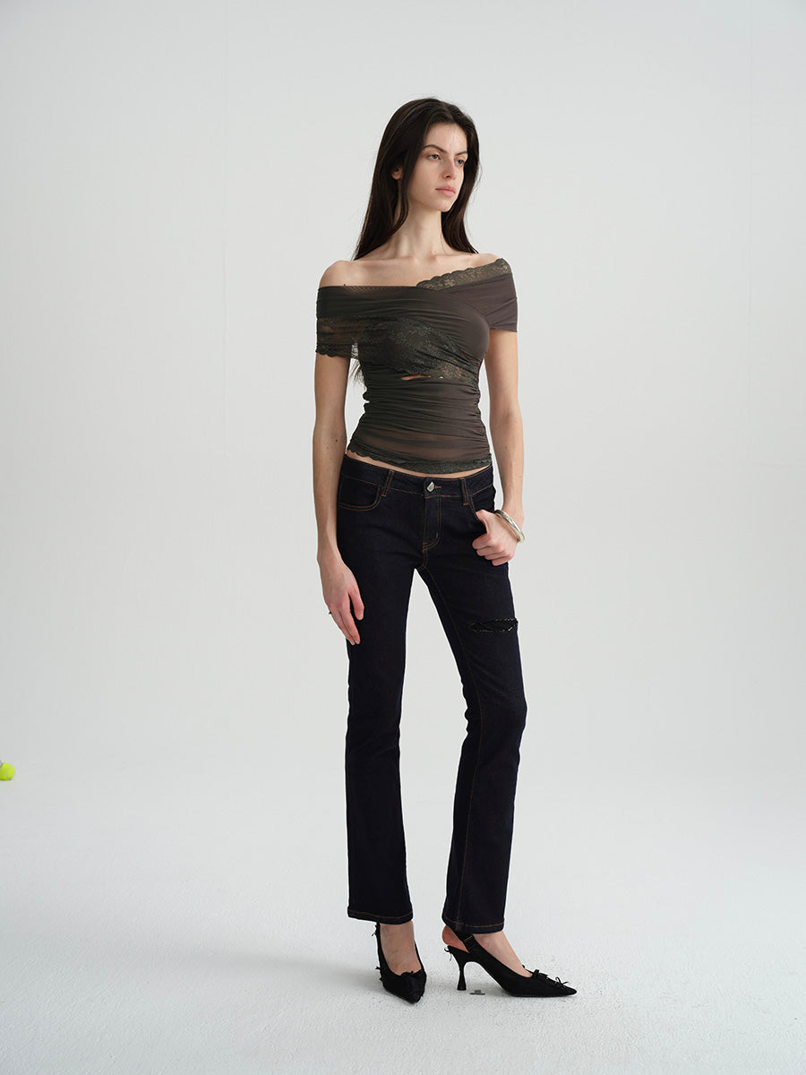 Dotyears Two-tone mesh and lace panelled crossover top