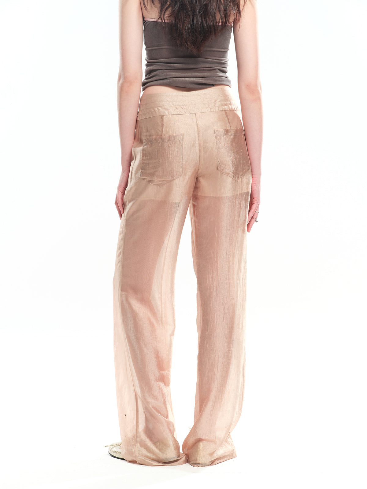 Dotyears champagne gold acetate sheer fabric straight-leg pants