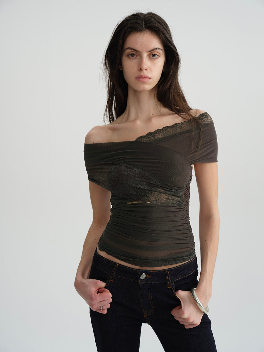 Dotyears Two-tone mesh and lace panelled crossover top