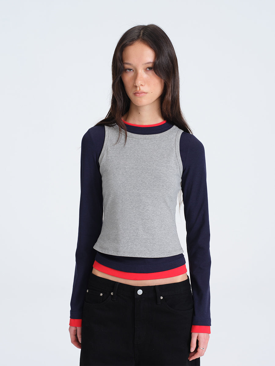 HUGHUM Red and Blue Color-Block Knit T-Shirt