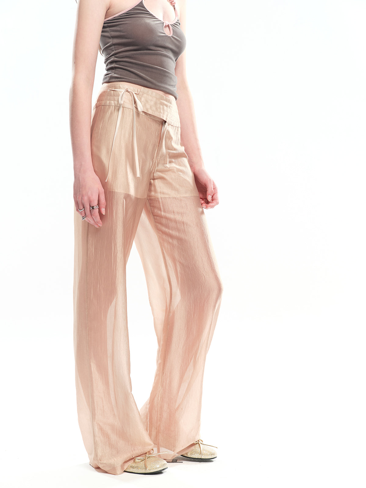 Dotyears champagne gold acetate sheer fabric straight-leg pants