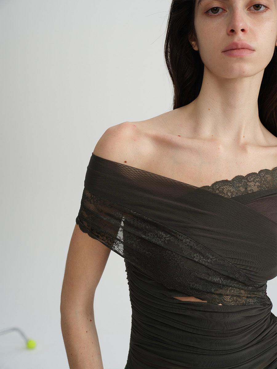 Dotyears Two-tone mesh and lace panelled crossover top