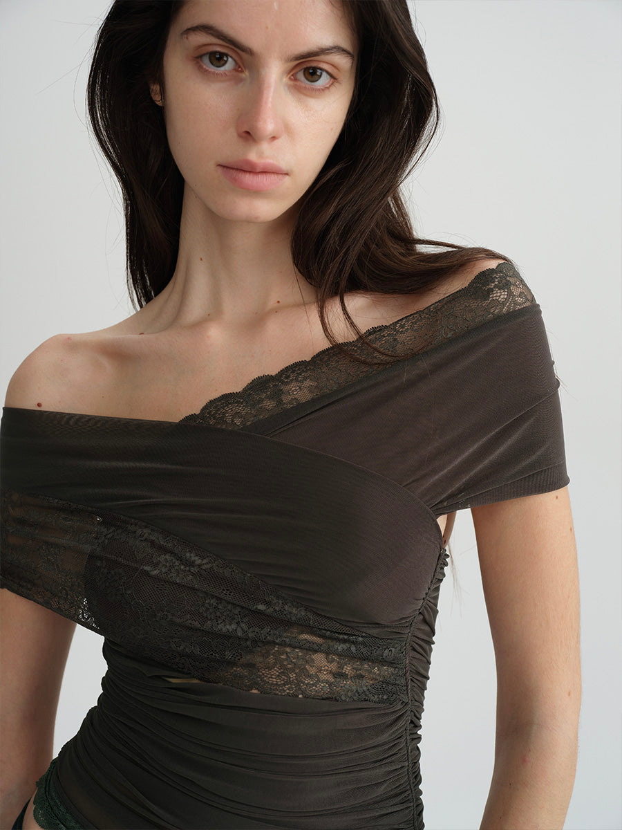 Dotyears Two-tone mesh and lace panelled crossover top