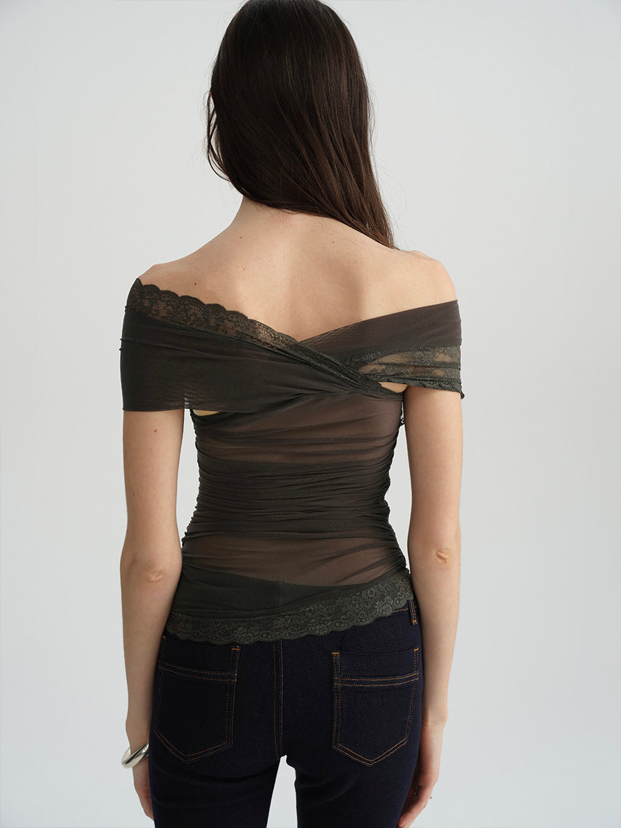 Dotyears Two-tone mesh and lace panelled crossover top