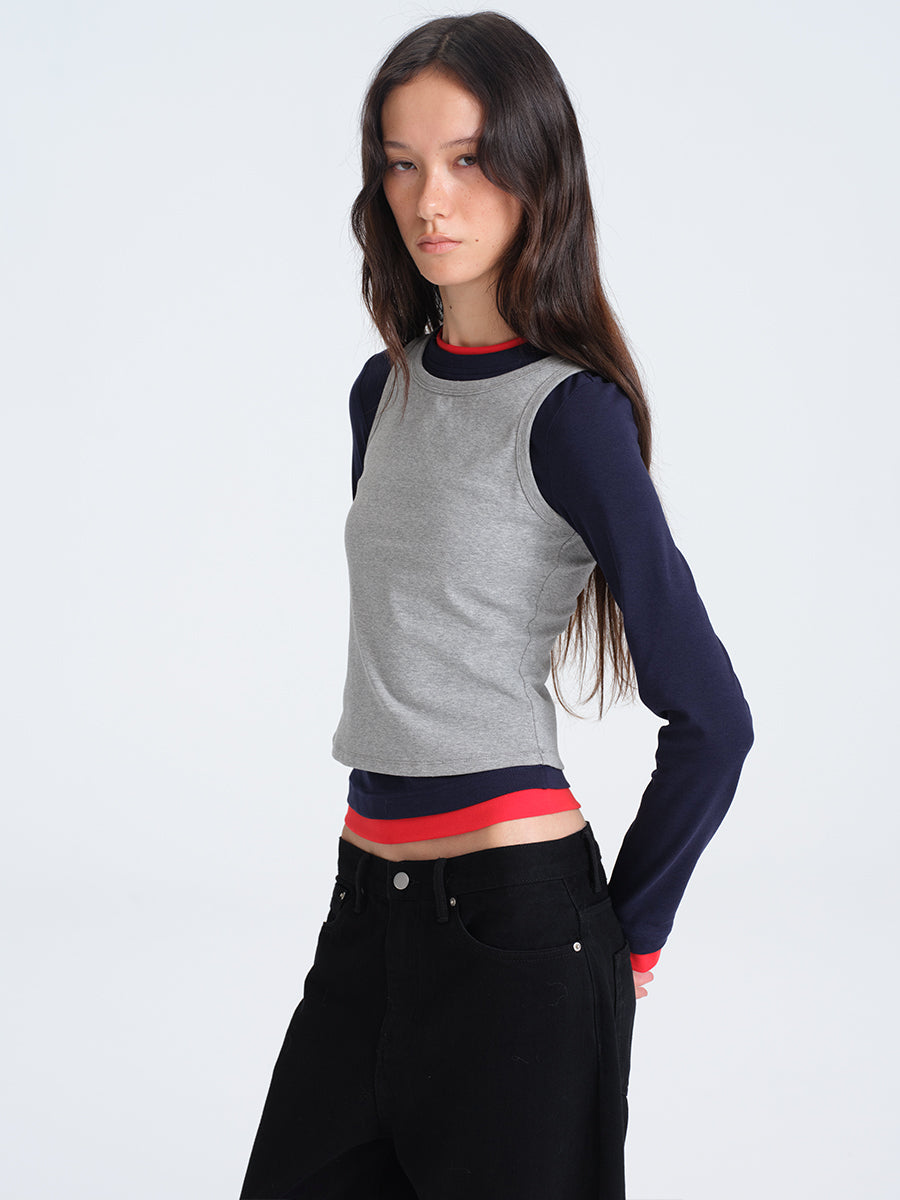 HUGHUM Red and Blue Color-Block Knit T-Shirt