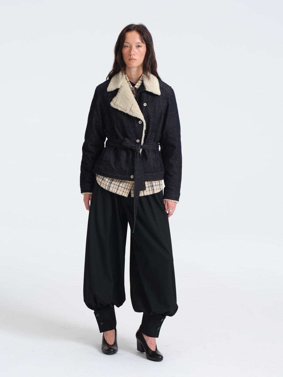 Hughum Lamb's Wool Cotton Denim Asymmetric Placket Coat