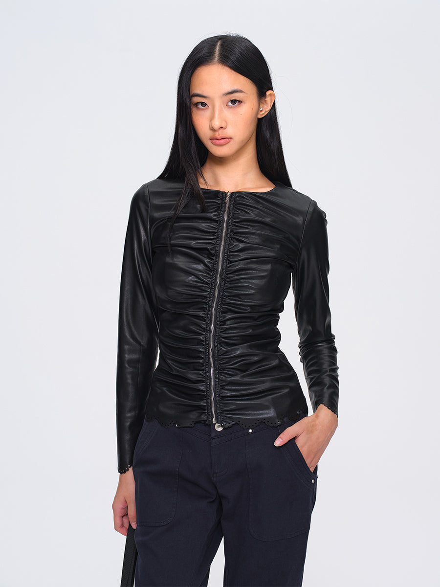 Dotyears Crinkled Laser-Cut Leather Jacket