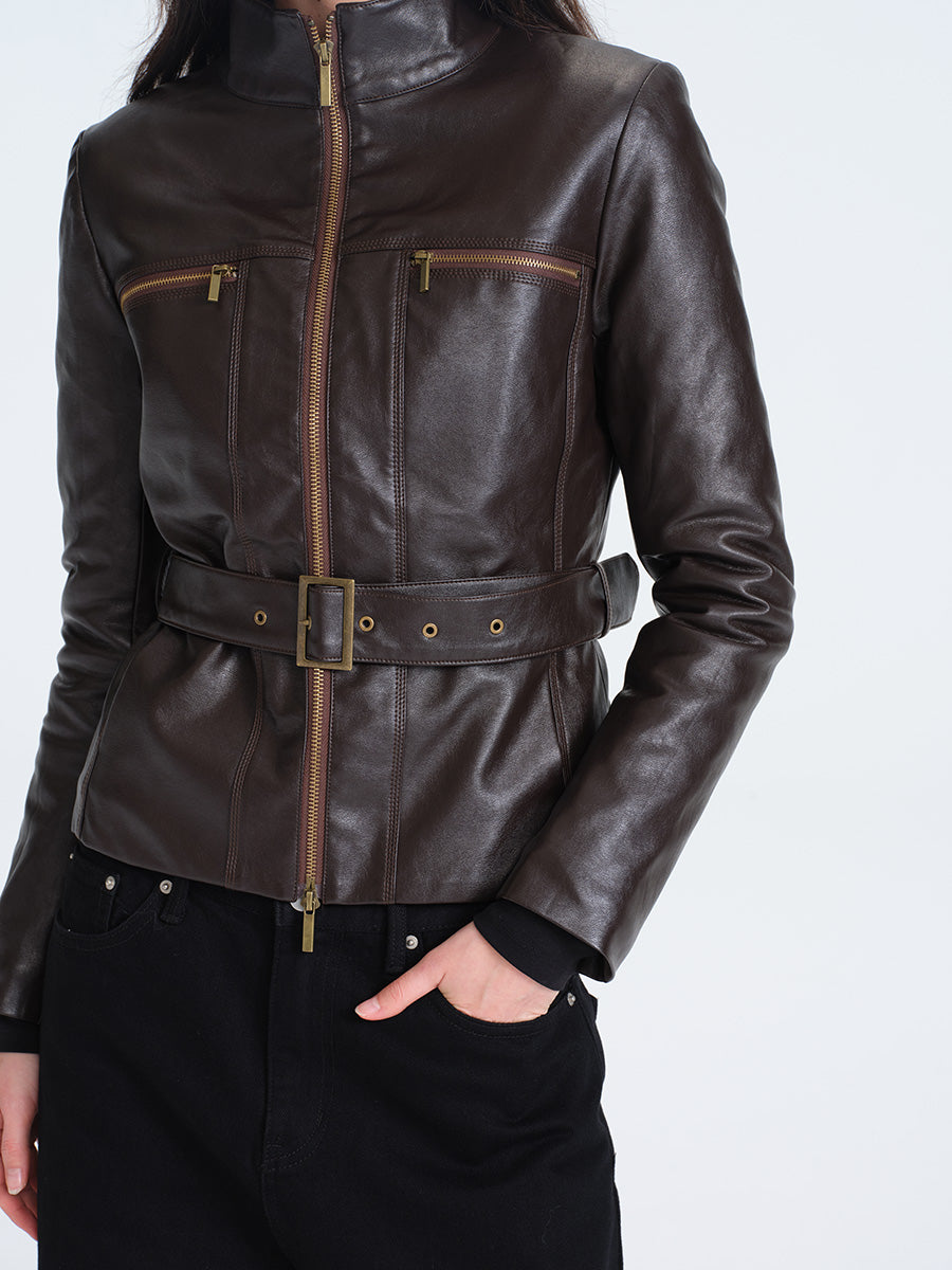 HUGHUM Brown Waisted Leather Jacket