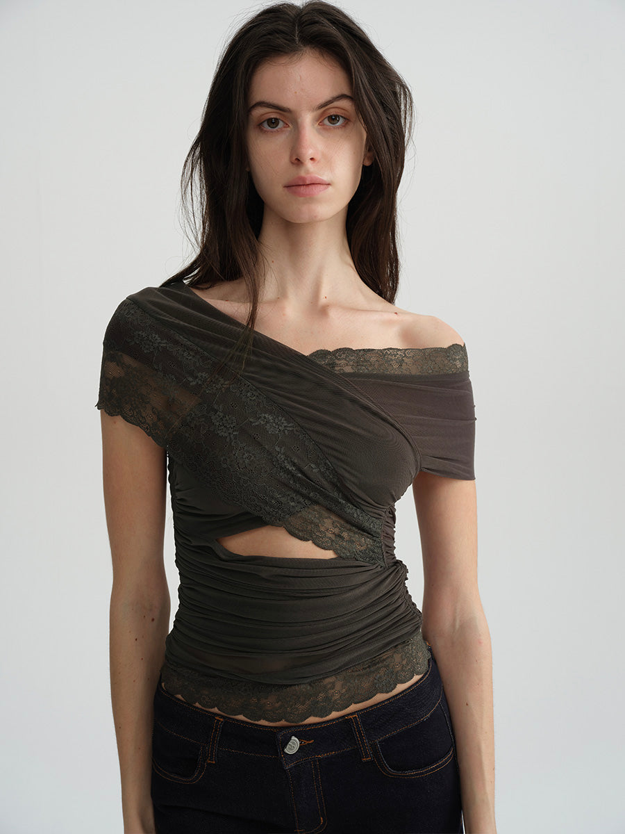 Dotyears Two-tone mesh and lace panelled crossover top