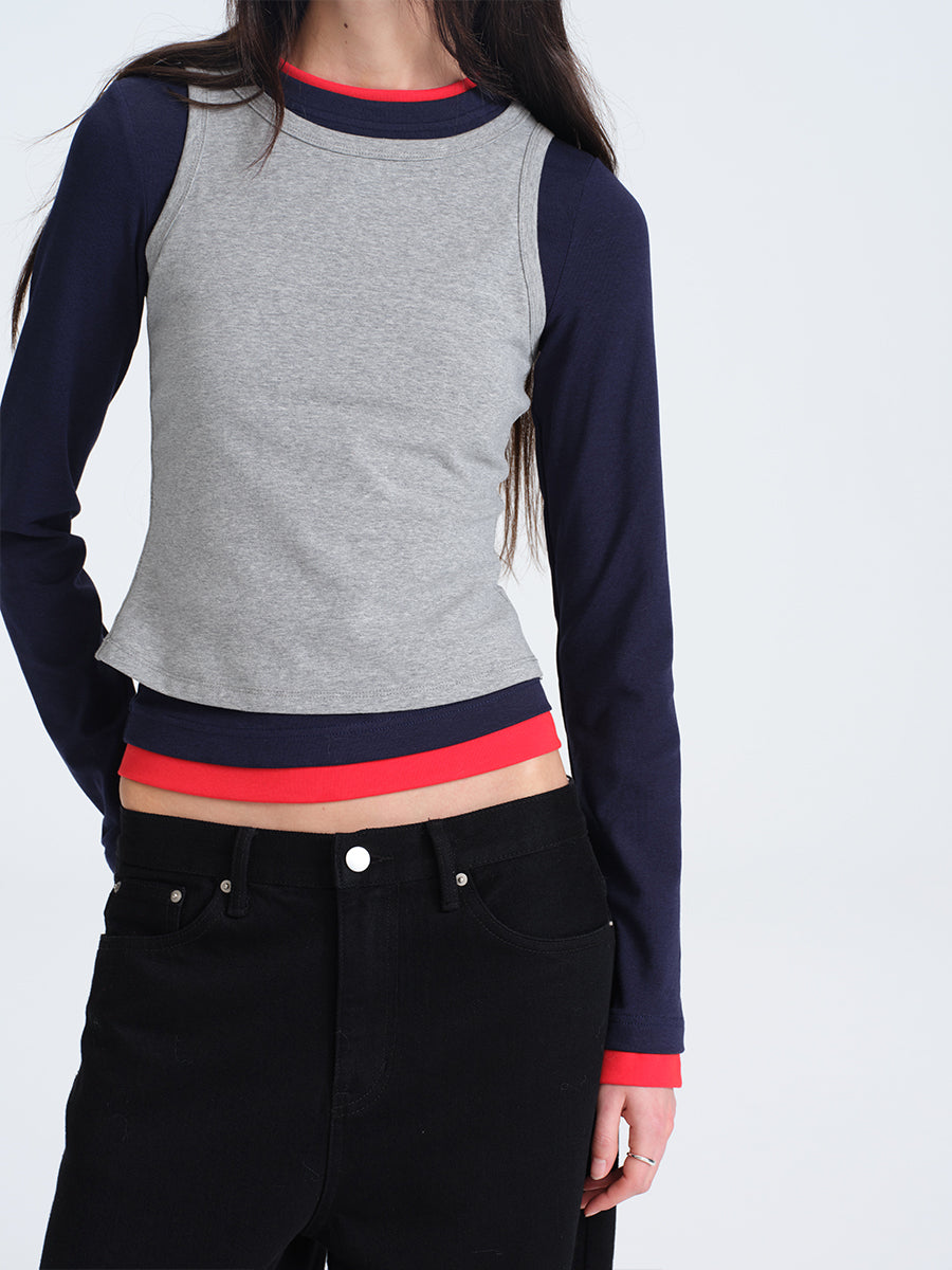 HUGHUM Red and Blue Color-Block Knit T-Shirt