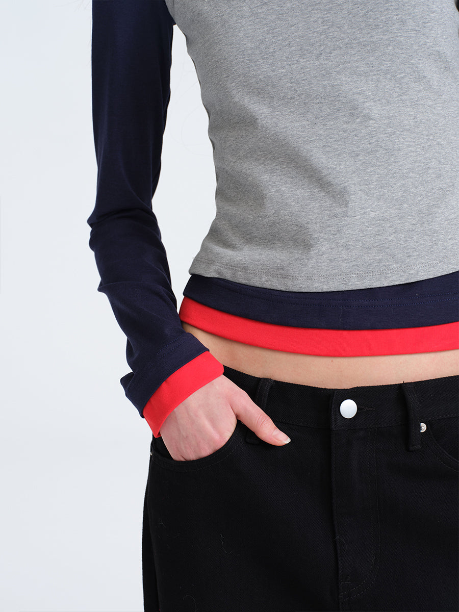 HUGHUM Red and Blue Color-Block Knit T-Shirt