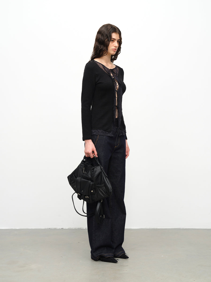 Dotyears24AW Wool lace patchwork lace-up knitted cardigan