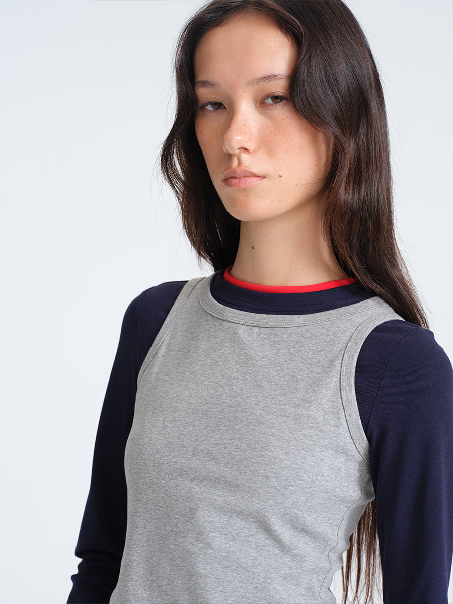 HUGHUM Red and Blue Color-Block Knit T-Shirt