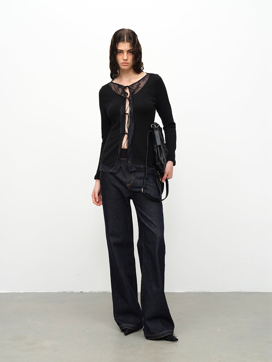 Dotyears24AW Wool lace patchwork lace-up knitted cardigan