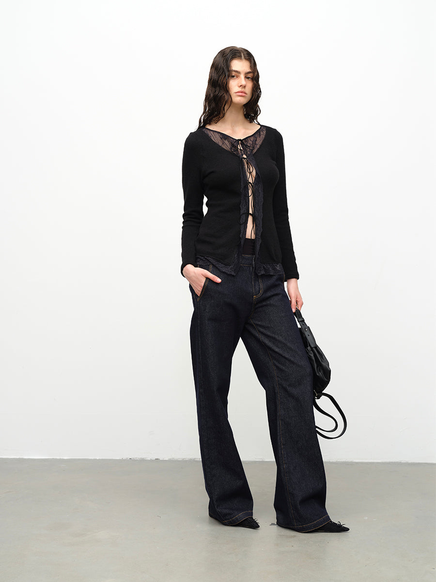 Dotyears24AW Wool lace patchwork lace-up knitted cardigan