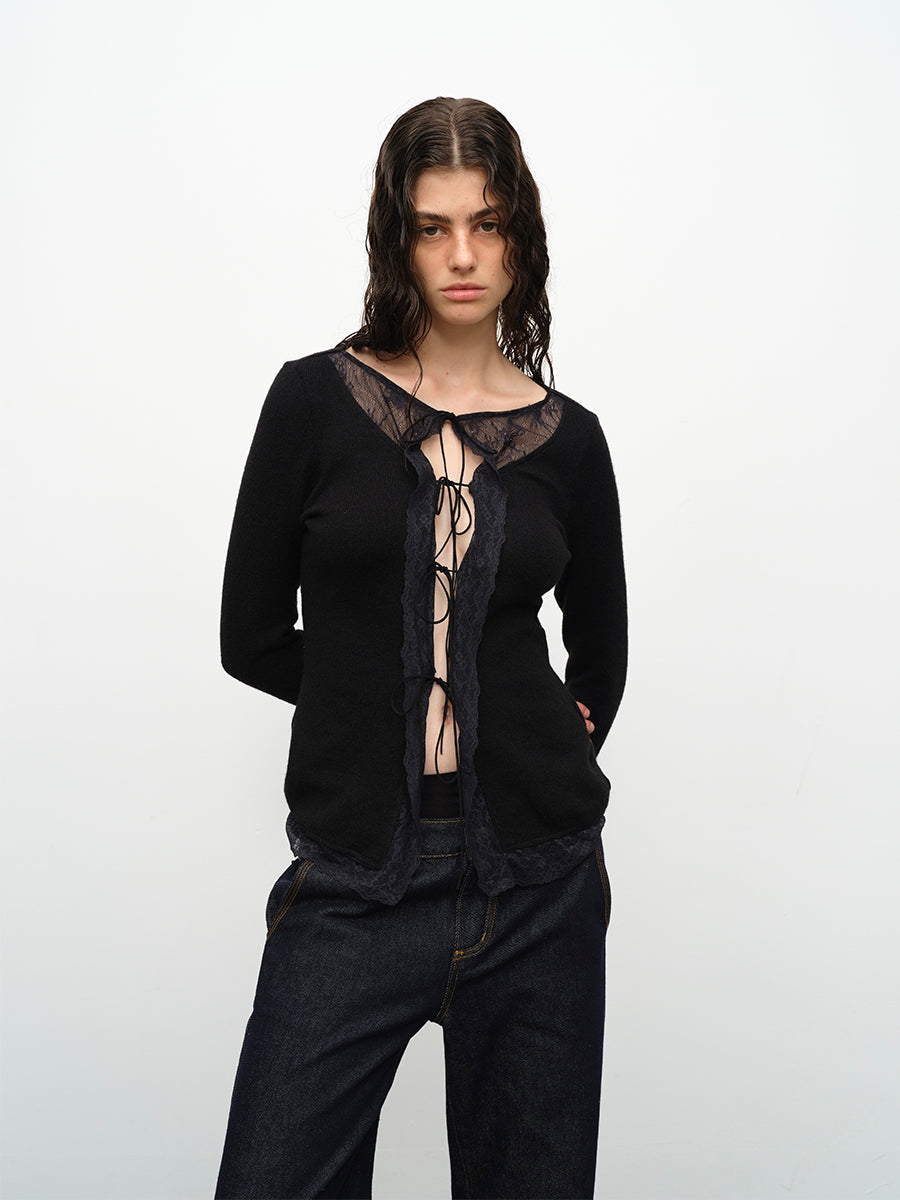 Dotyears24AW Wool lace patchwork lace-up knitted cardigan