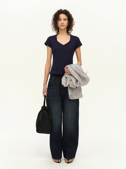 Hughum Curved V-neck Khmer knitted short T-shirt